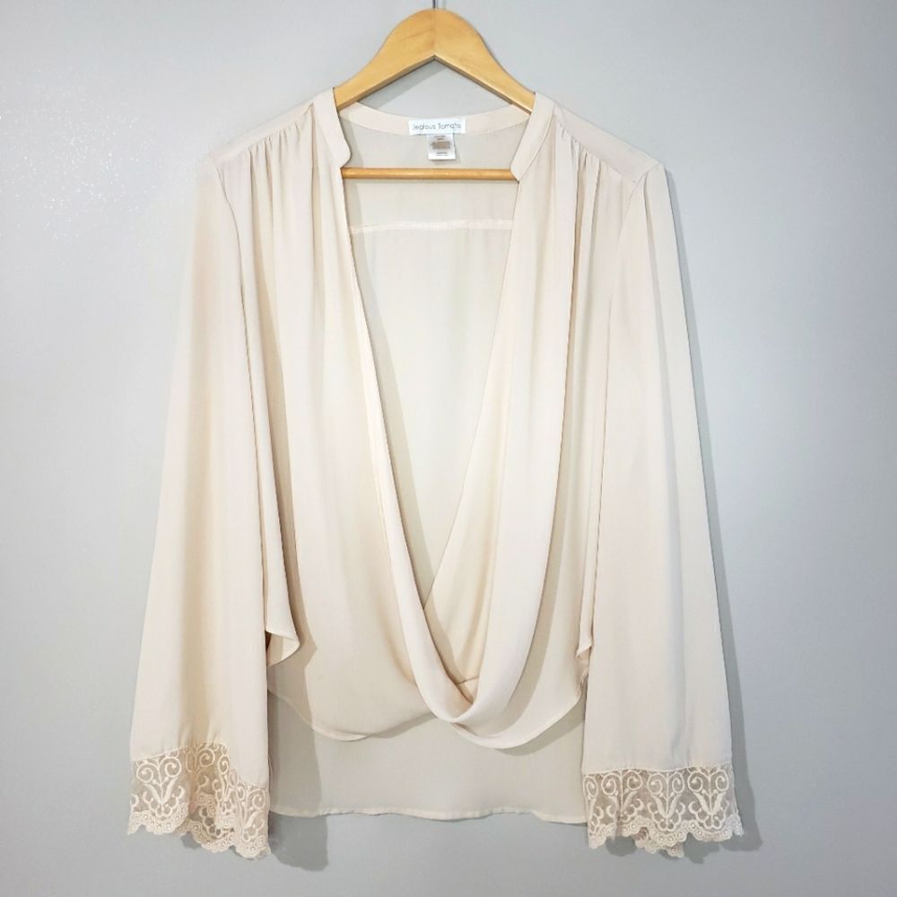 🦋3/$25 Jelous Tomato Medium Long Sleeve Sheer Cream Draped Front Blouse Lace